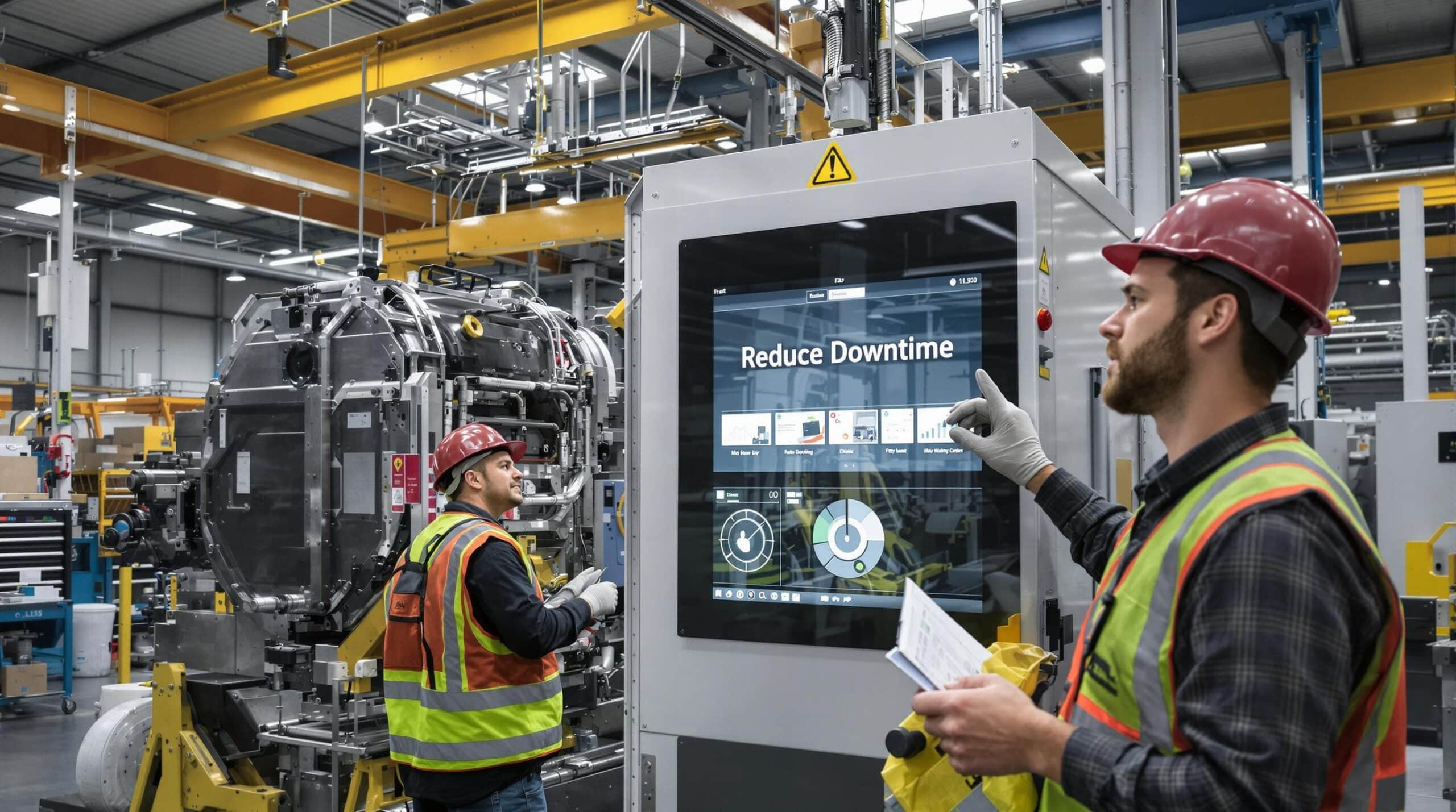 Technicians maintain industrial machine with 'Reduce Downtime' display