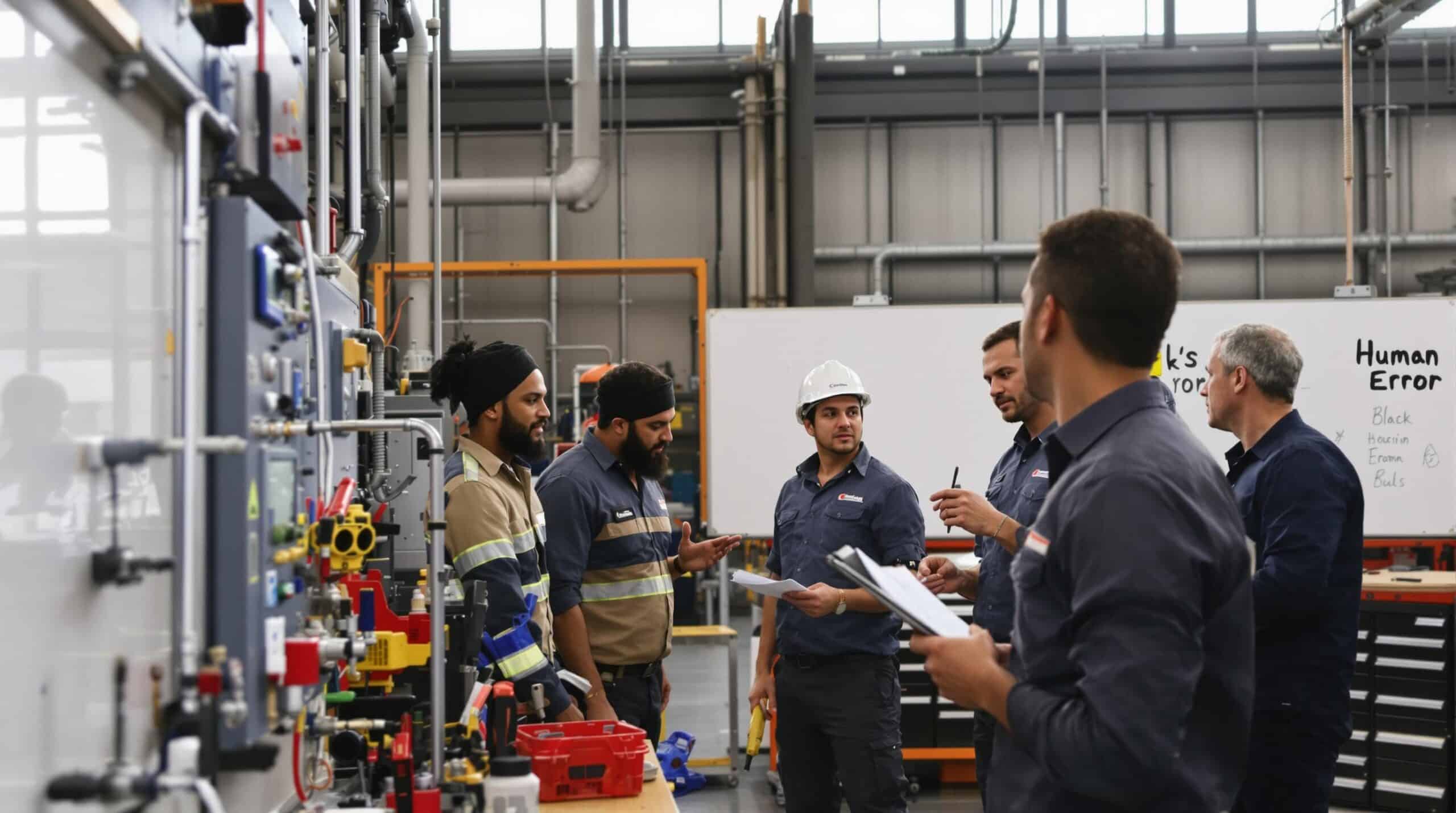 Team training on machine repair with 'Human Error' on whiteboard
